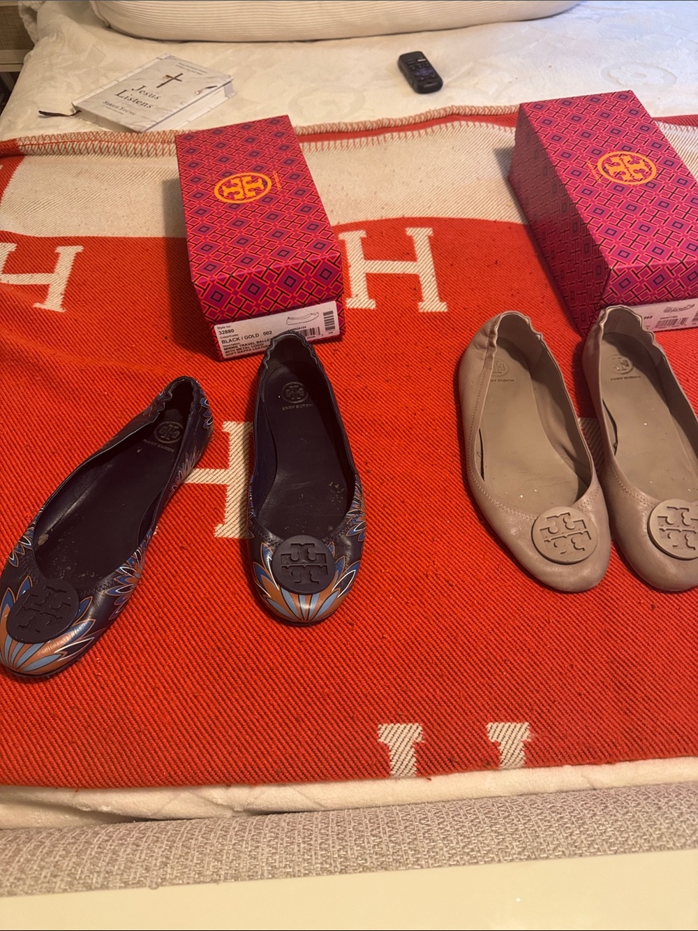 Tory Burch Navy Floral Reva Flats & Taupe Logo Ballet Flats Two Pair for 40.00